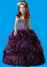 Purple Strapless Beading and Ruffled Layers Little Girl Pageant Dress