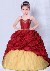 Wine Red and Gold Spaghetti Straps Appliques Little Girl Pageant Dress