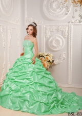 Elegant Apple Green Ball Gown Strapless with Appliques and Beading Quinceanera Dress