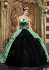 Affordable Apple Green Ball Gown Strapless with Appliques and Bow Quinceanera Dress