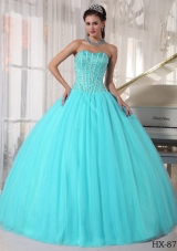 Aqua Blue Ball Gown Sweetheart Floor-length Quinceanera Dress with Tulle Beading