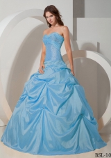Aqua Blue Ball Gown Sweetheart Floor-length Taffeta Quinceanera Dress with Beading