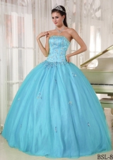 Aqua Blue Strapless Floor-length Taffeta and Tulle Quinceanera Dress with Appliques