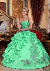 Cute Apple Green Strapless Ball Gown with Appliques and Ruffles Quinceanera Dress