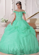 Off The Shoulder Quinceanera Dress in Apple Green Ball Gown with Appliques and Hand Made Flowers