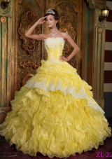 Strapless Ruffles and Appliques Organza Yellow Quinceanera Gown Dresses