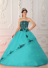 Turquoise Ball Gown Strapless Floor-length Quinceanera Dress Organza
