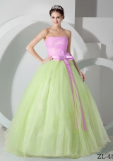 Discount Princess Strapless Organza Sweet 15 Dresses with Pink Sash