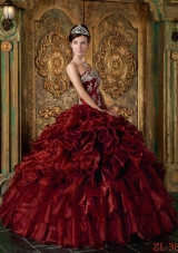 Strapless Organza Ruffles and Appliques Wine Red Quinceanera Dress