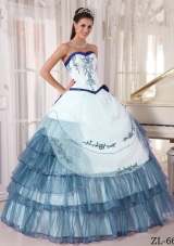 White and Blue Ball Gown Sweetheart Quinceanera Dress with Embroidery Ruffled Layers