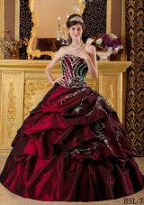 Wine Red Sweetheart Taffeta Appliques and Pick-ups Quinceanera Dress
