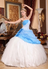 Beautiful Ball Gown Strapless Hand Made Flowers Blue and White Lace Quinceanera Dress