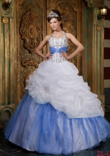 White and Baby Blue Halter Beading Quinceanera Dress with Pick-ups and Beading