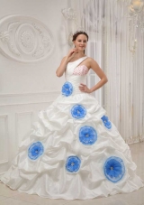 White Ball Gown One Shoulder Taffeta Beading and Hand Flowers Dresses For a Quinceanera with Pick-ups