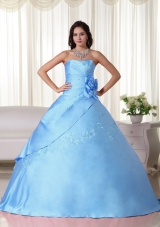 Aqua Blue Ball Gown Strapless Beading Quinceanera Dress with Hand Made Flower