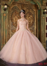 2014 Elegant Pink Ball Gown Strapless Appliques Tulle Quinceanera Dress