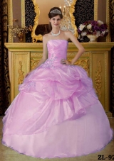 2014 Lovely Pink Ball Gown Strapless Beading Quinceanera Dress with Appliques