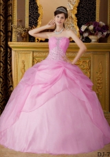 2014 Pink Ball Gown Strapless Beading Quinceanera Dress with Appliques