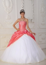 2014 Pretty Ball Gown Strapless Red and White Sweet 16 Dresses with Appliques