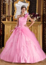 Affordable Pink Ball Gown One Shoulder Appliques Quinceanera Dress with Hand Made Flowers