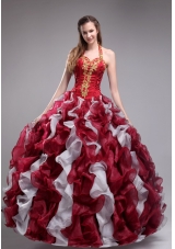 New Style Wine Red Applqiues and Ruffles Quinceanera Dresses with Halter