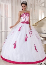 Sexy Strapless Satin and Organza White and Red Quinceanera Dresses Ball Gown
