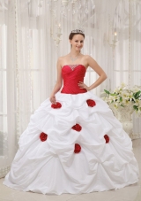 Vintage Red and White Strapless Floor-length Sweet 15 Dresses with Beading