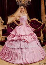 2014 Beautiful Ball Gown Strapless Appliques Pink Quinceanera Dress with Hand Made Flower