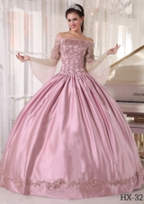 2014 Cute Baby Pink Ball Gown Off The Shoulder Sweet 16 Dresses with Appliques