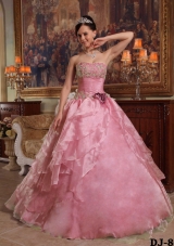 2014 Perfect Rose Pink Ball Gown Strapless Beading Quinceanera Dress with Hand Made Flower