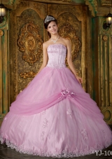 2014 Pink Ball Gown Strapless Appliques Quinceanera Dress with Hand Made Flower