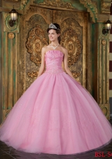 2014 Romantic Rose Pink Ball Gown Strapless Quinceanera Dress with Appliques