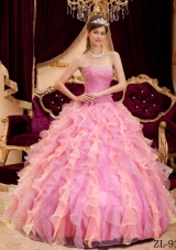 2014 Rose Pink Ball Gown Sweetheart Beading Quinceanera Dress with Pleats