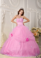 Beautiful Pink Ball Gown Sweetheart Appliques Quinceanera Dress with Hand Made Flowers
