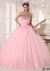 Lovely Pink Beading Ball Gown Strapless Quinceanera Gowns with Ruching