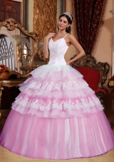 2014 Pink Ball Gown Spaghetti Straps Appliques Quinceanera Dress with Ruffled Layers