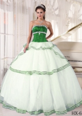 Puffy Strapless Organza Appliques Green and White Quinceanera Dress
