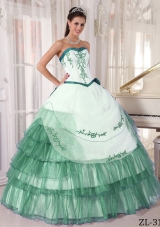 Sweetheart Organza Embroidery Turquoise and White Quinceanera Dress