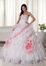 2014 Ball Gown Sweetheart Court Train Organza Appliques White and Red Quinceanera Dress