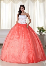 Elegant Orange Red Ball Gown Strapless Floor-length Organza White and Red Quinceanera Dress