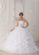 Organza Hand Made Flowers and Pick-ups White Court Train Quinceanera Gowns