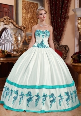 Puffy Sweetheart Taffeta White Quincenera Dresses with Turquoise Appliques