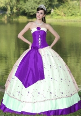 Flower Decorate Strapless Purple and White Quinceanera Gowns