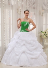 Strapless Organza Appliques White and Green Quinces Dresses with Pick-ups