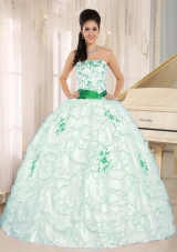 White Organza Strapless Quinceanera Gown Dresses with GreenEmbroidery and Ruffles