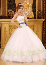 White Strapless Organza Green Embroidery Dress For Quinceaneras