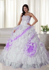 White Sweetheart Sweep Train Organza Appliques Quincenera Dresses with Ruffles