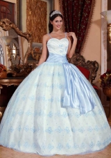 Puffy Spaghetti Straps Blue Embroidery Sweet Sixteen Dresses