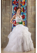 White Halter Organza Quinceanera Gown Dresses with Beading and Green Flower Belt