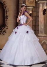 White Princess One Shoulder Quinceanera Gowns with Purple Hand Made Flowers